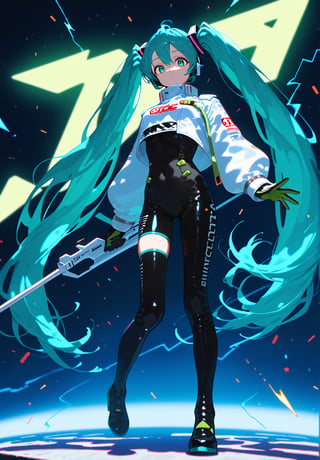 SCORE_9, SCORE_8_UP, SCORE_7_UP, SCORE_6_UP,

MASTERPIECE, BEST QUALITY, HIGH QUALITY, 
HIGHRES, ABSURDRES, PERFECT COMPOSITION,
INTRICATE DETAILS, ULTRA-DETAILED,
PERFECT FACE, PERFECT EYES,
NEWEST, 

Movie Poster page, (promotional poster), Hatsune Miku, 1female, solo, humanoid android, teal hair, teal eyes, white jacket, cropped jacket, long sleeves, two-tone gloves, black gloves, green gloves, black bodysuit, single thighhigh, single thigh boot, concert, Nippon Budokan, glowneon, glowing, sparks, lightning, shadow minimalism, (best quality), (masterpiece), detailed, beautiful detailed eyes, perfect anatomy, perfect body, perfect face, perfect hair, perfect legs, perfect hands, perfect arms, perfect fingers, detailed hair, detailed face, detailed eyes, detailed clothes, detailed skin, ultra-detailed, (full body), (upper body), (top quality), pop art, extremely detailed, extremely detailed CG, (high resolution), highly detailed, (high quality), (perfect quality), (glitchcore colors), racingmiku2022,