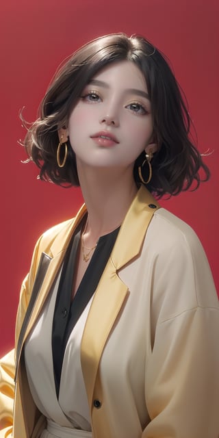 SCORE_9, SCORE_8_UP, SCORE_7_UP, SCORE_6_UP,
BEST QUALITY, HIGHRES, ABSURDRES, 4K, 8K, 64K,
MASTERPIECE, SUPER DETAIL, INTRICATE_DETAILS, PERFECTEYES, 

1girl, solo, (((looking at viewer))), short hair, (((simple background))), brown hair, shirt, black hair, gold jewelry, jacket, white shirt, upper_body, gold earrings, parted lips, white collared shirt, medium hair, gold necklace, (((black jacket))), head tilt, makeup, suit, soft lipstick, (((red background))), soft red lips, front_view, chin_up, paint_(artwork), oil painting, cynical, eye_half_opened,