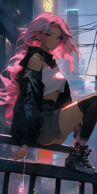 BEST QUALITY, HIGHRES, ABSURDRES, HIGH_RESOLUTION, MASTERPIECE, SUPER DETAIL, HYPER DETAIL, INTRICATE_DETAILS, PERFECTEYES, DARK EYELASHES, EYELINER, SOFT GLOWING EYES, 64K, SCORE_9,

1girl, long_hair, jacket, pink_hair, midriff, crop_top, solo, looking_at_viewer, shoes, building, sitting, belt, weapon, black_shirt, shorts, hood, smile, nail_polish, long_sleeves, boots, black_shorts, choker, full_body, holding, bare_shoulders, jewelry, backlighting, sneakers, shirt, navel, pantyhose, breasts, pink_footwear, black_legwear, pink_jacket, off_shoulder, outdoors, skyscraper, open_jacket, hair_between_eyes, pink_eyes, from_below, open_clothes, night, pants, closed_mouth, stairs, pink_nails, sword, multicolored_hair, earrings, bangs, neon_lights, virtual_youtuber, lace-up_boots, city, window, black_pants, hat, medium_breasts, black_footwear, holding_weapon, collarbone, hood_up, sleeveless_shirt, indoors, railing, stomach, sleeveless, white_jacket, short_shorts, black_jacket, thighhighs, blush, cityscape, chain, cross-laced_footwear, long_legs, blurry, eyebrows_visible_through_hair, crossed_legs, black_skirt, skirt, ground_vehicle, puffy_sleeves, crop_top_overhang, sidelocks, high_heels, day, leaning_back, sleeves_past_wrists, rain, mole, black_choker, large_breasts, bag, hoop_earrings, shadow, white_belt, purple_eyes, ring, depth_of_field, darker, english-text legwear, glow_in_the_dark, glow,ghibli