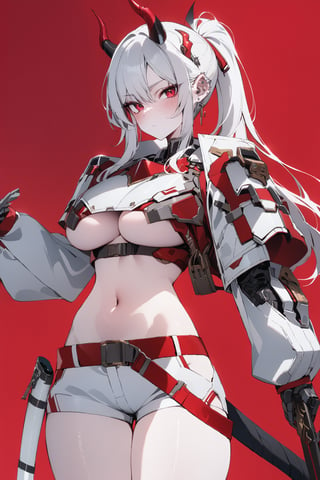 SCORE_9, SCORE_8_UP, SCORE_7_UP, SCORE_6_UP,

MASTERPIECE, BEST QUALITY, HIGH QUALITY, 
HIGHRES, ABSURDRES, PERFECT COMPOSITION,
INTRICATE DETAILS, ULTRA-DETAILED,
PERFECT FACE, PERFECT EYES,
NEWEST, 

full_body, red_background, sword, horns, weapon, 1girl, solo, sheath, ponytail, sheathed, red_eyes, katana, jewelry, earrings, white_hair, scabbard, holding_weapon, long_sleeves, simple_background, long_hair, holding_sword, standing, white_coat, ear_piercing, side_view, closed_mouth, holding, cowboy_shot, piercing, white_shorts, crop_jacket, pale_skin, belt, devil_horns, sleeves_past_wrists, mechanical_hand, large_boobs, armor, futuristic_armor, breast_plate, 