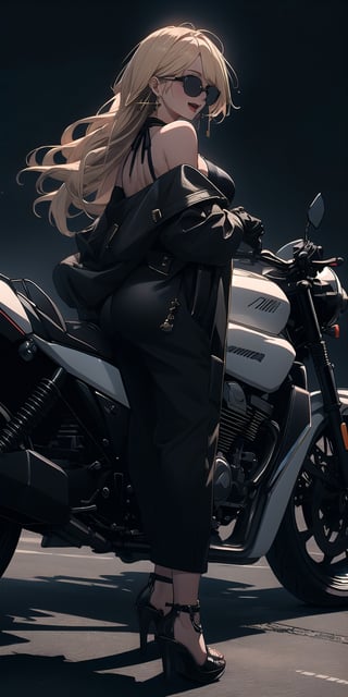 BEST QUALITY, HIGHRES, ABSURDRES, HIGH_RESOLUTION, MASTERPIECE, SUPER DETAIL, HYPER DETAIL, INTRICATE_DETAILS, PERFECTEYES, DARK EYELASHES, EYELINER, SOFT GLOWING EYES, 64K,

1girl, solo, long hair, breasts, looking at viewer, open mouth, bangs, blonde hair, simple background, gloves, holding, bare shoulders, jewelry, jacket, swimsuit, full body, yellow eyes, ass, earrings, black gloves, looking back, off shoulder, black footwear, high heels, black jacket, leaning forward, sunglasses, black background, ground vehicle, motor vehicle, hoop earrings, eyewear removed, motorcycle, holding eyewear, leather jacket, on motorcycle, view_from_away