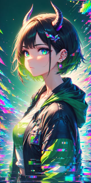 SCORE_9, SCORE_8_UP, SCORE_7_UP, SCORE_6_UP,

MASTERPIECE, BEST QUALITY, HIGH QUALITY, 
HIGHRES, ABSURDRES, PERFECT COMPOSITION,
INTRICATE DETAILS, ULTRA-DETAILED,
PERFECT FACE, PERFECT EYES,
NEWEST, 

rating:safe, 1girl, solo, horns, short_hair, jacket, blue_eyes, black_jacket, bangs, closed_mouth, looking_at_viewer, black_hair, chromatic_aberration, upper_body, expressionless, shirt, jewelry, from_side, earrings, looking_to_the_side, eyebrows_visible_through_hair, ear_piercing, demon_horns, colorful, glitch effect, dark, ral-glydch, (green theme:1.2)