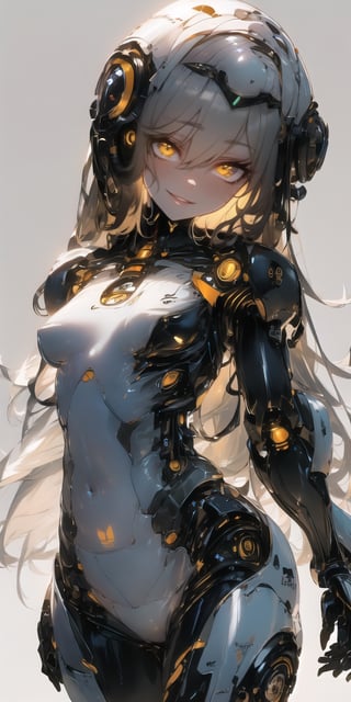 BEST QUALITY, HIGHRES, ABSURDRES, HIGH_RESOLUTION, MASTERPIECE, SUPER DETAIL, HYPER DETAIL, INTRICATE_DETAILS, PERFECTEYES, DARK EYELASHES, EYELINER, SOFT GLOWING EYES, 64K, SCORE_9,

yellow_background, solo, yellow_eyes, breasts, looking_at_viewer, white_hair, bodysuit, cyborg, simple_background, smile, yellow_theme, medium_breasts, long_hair, standing, cyberpunk, covered_navel, cowboy_shot, robot_joints, pale_skin, science_fiction, bangs, hair_over_one_eye, skin_tight, small_breasts, closed_mouth, lips, blush, blonde_hair, glowing, parted_lips,