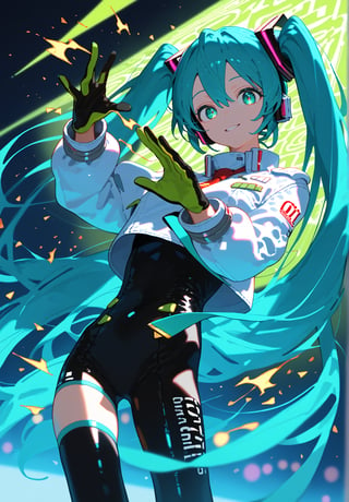 SCORE_9, SCORE_8_UP, SCORE_7_UP, SCORE_6_UP,

MASTERPIECE, BEST QUALITY, HIGH QUALITY, 
HIGHRES, ABSURDRES, PERFECT COMPOSITION,
INTRICATE DETAILS, ULTRA-DETAILED,
PERFECT FACE, PERFECT EYES,
NEWEST, 

Movie Poster page, (promotional poster), Hatsune Miku, 1female, solo, humanoid android, teal hair, teal eyes, white jacket, cropped jacket, long sleeves, two-tone gloves, black gloves, green gloves, black bodysuit, single thighhigh, single thigh boot, concert, Nippon Budokan, glowneon, glowing, sparks, lightning, shadow minimalism, (best quality), (masterpiece), detailed, beautiful detailed eyes, perfect anatomy, perfect body, perfect face, perfect hair, perfect legs, perfect hands, perfect arms, perfect fingers, detailed hair, detailed face, detailed eyes, detailed clothes, detailed skin, ultra-detailed, (full body), (upper body), (top quality), pop art, extremely detailed, extremely detailed CG, (high resolution), highly detailed, (high quality), (perfect quality), (glitchcore colors), racingmiku2022,