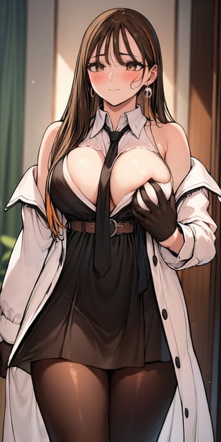 BEST QUALITY, HIGHRES, ABSURDRES, HIGH_RESOLUTION, MASTERPIECE, SUPER DETAIL, HYPER DETAIL, INTRICATE_DETAILS, PERFECTEYES, DARK EYELASHES, EYELINER, SOFT GLOWING EYES, 64K, SCORE_9

1girl, long hair, breasts, blush, bangs, light_brown_eyes, large breasts, shirt, brown hair, gloves, long sleeves, 1boy, dress, hair between eyes, bare shoulders, jewelry, very long hair, closed mouth, standing, jacket, white shirt, hetero, pantyhose, multicolored hair, earrings, open clothes, black necktie, sleeveless, collared shirt, belt, indoors, black gloves, off shoulder, black dress, blurry, two-tone hair, open jacket, coat, black pantyhose, sleeveless dress, blurry background, pov, grabbing, short dress, white jacket, (breast grab:1.4), open coat, necktie, collared dress, white coat, pov hands, rimless eyewear, guiding hand, (guided breast grab:1.4),BG