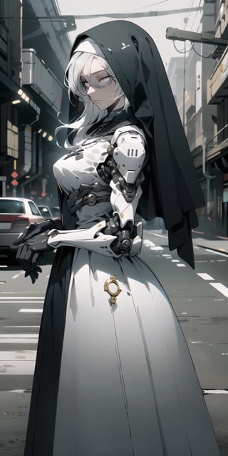 BEST QUALITY, HIGHRES, ABSURDRES, HIGH_RESOLUTION, MASTERPIECE, SUPER DETAIL, HYPER DETAIL, INTRICATE_DETAILS, PERFECTEYES, DARK EYELASHES, EYELINER, SOFT GLOWING EYES, 64K, SCORE_9,

1girl, solo, long hair, breasts, bangs, gloves, dress, closed mouth, white hair, cowboy shot, necklace, black dress, own hands together, cross, veil, facing viewer, nun, own hands clasped, covered eyes, android, cybersuit, exosuit, hardsuit, mechasuit, mecha, 