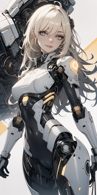 BEST QUALITY, HIGHRES, ABSURDRES, HIGH_RESOLUTION, MASTERPIECE, SUPER DETAIL, HYPER DETAIL, INTRICATE_DETAILS, PERFECTEYES, DARK EYELASHES, EYELINER, SOFT GLOWING EYES, 64K, SCORE_9,

yellow_background, solo, yellow_eyes, breasts, looking_at_viewer, white_hair, bodysuit, cyborg, simple_background, smile, yellow_theme, medium_breasts, long_hair, standing, cyberpunk, covered_navel, cowboy_shot, robot_joints, pale_skin, science_fiction, bangs, hair_over_one_eye, skin_tight, small_breasts, closed_mouth, lips, blush, blonde_hair, glowing, parted_lips,