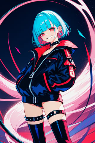 SCORE 9, SCORE 8 UP, SCORE 7 UP, SCORE 6 UP,
BEST QUALITY, HIGHRES, ABSURDRES, 4K, 8K, 64K,
MASTERPIECE, SUPER DETAIL, INTRICATE DETAILS, PERFECTEYES, VERY AESTHETIC,

source_anime, red_background, 1girl, solo, smile, jacket, simple_background, looking_at_viewer, ear_piercing, piercing, jewelry, thighhighs, thigh_strap, black_jacket, earrings, pink_background, bangs, zipper, leather, zipper_pull_tab, red_eyes, standing, cowboy_shot, black_hair, leather_jacket, grin, spikes, short_hair, from_side, collar, long_sleeves, blunt_bangs, choker, black_legwear, sharp_teeth, realistic,