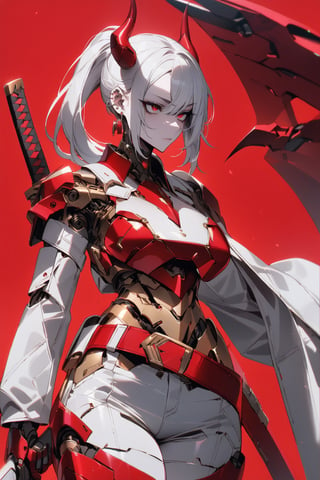 SCORE_9, SCORE_8_UP, SCORE_7_UP, SCORE_6_UP,

MASTERPIECE, BEST QUALITY, HIGH QUALITY, 
HIGHRES, ABSURDRES, PERFECT COMPOSITION,
INTRICATE DETAILS, ULTRA-DETAILED,
PERFECT FACE, PERFECT EYES,
NEWEST, 

red_background, sword, horns, weapon, 1girl, solo, sheath, ponytail, sheathed, red_eyes, katana, jewelry, earrings, white_hair, scabbard, holding_weapon, long_sleeves, simple_background, long_hair, holding_sword, standing, white_coat, ear_piercing, side_view, closed_mouth, holding, cowboy_shot, piercing, white_shorts, crop_jacket, pale_skin, belt, devil_horns, sleeves_past_wrists, mechanical_hand, mechanical_body, cyborg, robotic, large_boobs, armor, breast_plate,