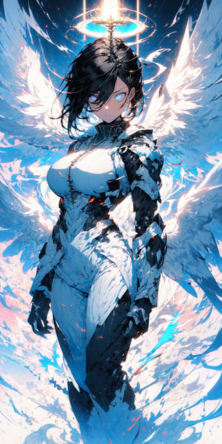 (1girls:1.4), (holy_background:1.4), (simple_background:1.4),

dynamic_angle, tyndall effect, volumetric lighting, looking_at_viewer, full_body, bright_theme, niji, clear_lines

short-hair, black-hair, Pale_skin, big_breasts, sharp_face, multicolored_eye, angelic angel, eyeshadow, eyeliner, Eyelash, from_side, expressive eyes, perfect blue glowing_eyes, cyberpunk, bright angelic mecha armor, determined_face, damaged, glowing around body, aura, energy, beam, white plugsuits, white exoskeleton suit, tall, halo, holyness, energy wings, blue_eyes, white clothing

(best quality:1.4), (highres:1.4), (high_resolution:1.4), (masterpiece:1.4), sidelighting, super detail, hyper detail, intricate_details, ligne_claire, perpect face,midjourney