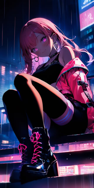 BEST QUALITY, HIGHRES, ABSURDRES, HIGH_RESOLUTION, MASTERPIECE, SUPER DETAIL, HYPER DETAIL, INTRICATE_DETAILS, PERFECTEYES, DARK EYELASHES, EYELINER, SOFT GLOWING EYES, 64K, SCORE_9,

1girl, long_hair, jacket, pink_hair, midriff, crop_top, solo, looking_at_viewer, shoes, building, sitting, belt, weapon, black_shirt, shorts, hood, smile, nail_polish, long_sleeves, boots, black_shorts, choker, full_body, holding, bare_shoulders, jewelry, backlighting, sneakers, shirt, navel, pantyhose, breasts, pink_footwear, black_legwear, pink_jacket, off_shoulder, outdoors, skyscraper, open_jacket, hair_between_eyes, pink_eyes, from_below, open_clothes, night, pants, closed_mouth, stairs, pink_nails, sword, multicolored_hair, earrings, bangs, neon_lights, virtual_youtuber, lace-up_boots, city, window, black_pants, hat, medium_breasts, black_footwear, holding_weapon, collarbone, hood_up, sleeveless_shirt, indoors, railing, stomach, sleeveless, white_jacket, short_shorts, black_jacket, thighhighs, blush, cityscape, chain, cross-laced_footwear, long_legs, blurry, eyebrows_visible_through_hair, crossed_legs, black_skirt, skirt, ground_vehicle, puffy_sleeves, crop_top_overhang, sidelocks, high_heels, day, leaning_back, sleeves_past_wrists, rain, mole, black_choker, large_breasts, bag, hoop_earrings, shadow, white_belt, purple_eyes, ring, depth_of_field, darker, english-text legwear, glow_in_the_dark, glow, Tattoo, tattoos