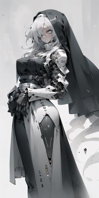 BEST QUALITY, HIGHRES, ABSURDRES, HIGH_RESOLUTION, MASTERPIECE, SUPER DETAIL, HYPER DETAIL, INTRICATE_DETAILS, PERFECTEYES, DARK EYELASHES, EYELINER, SOFT GLOWING EYES, 64K, SCORE_9,

1girl, solo, long hair, breasts, bangs, gloves, dress, closed mouth, white hair, cowboy shot, necklace, black dress, own hands together, cross, veil, facing viewer, nun, own hands clasped, covered eyes, android, cybersuit, exosuit, hardsuit, mechasuit, mecha, 