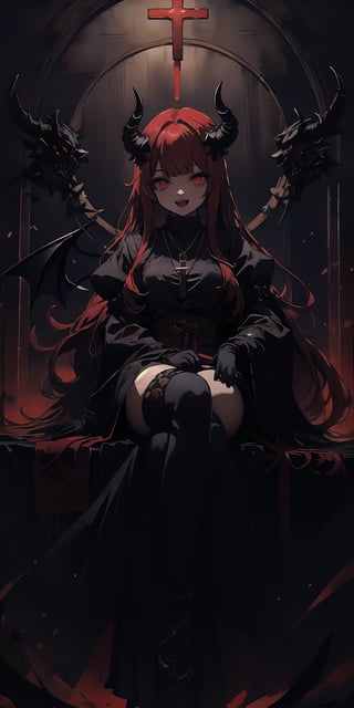 BEST QUALITY, HIGHRES, ABSURDRES, HIGH_RESOLUTION, MASTERPIECE, SUPER DETAIL, HYPER DETAIL, INTRICATE_DETAILS, PERFECTEYES, DARK EYELASHES, EYELINER, SOFT GLOWING EYES, 64K,

1girl, solo, long hair, looking at viewer, smile, open mouth, bangs, red eyes, thighhighs, gloves, long sleeves, jewelry, sitting, red hair, multicolored hair, horns, teeth, black gloves, puffy sleeves, black thighhighs, indoors, blunt bangs, necklace, glowing, fangs, demon girl, crossed legs, cross, demon horns, glowing eyes, nun, habit, cross necklace, stained glass, church, expressionless