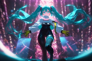 SCORE_9, SCORE_8_UP, SCORE_7_UP, SCORE_6_UP,

MASTERPIECE, BEST QUALITY, HIGH QUALITY, 
HIGHRES, ABSURDRES, PERFECT COMPOSITION,
INTRICATE DETAILS, ULTRA-DETAILED,
PERFECT FACE, PERFECT EYES,
NEWEST, 

Movie Poster page, (promotional poster), Hatsune Miku, 1female, solo, humanoid android, teal hair, teal eyes, white jacket, cropped jacket, long sleeves, two-tone gloves, black gloves, green gloves, black bodysuit, single thighhigh, single thigh boot, concert, Nippon Budokan, glowneon, glowing, sparks, lightning, shadow minimalism, (best quality), (masterpiece), detailed, beautiful detailed eyes, perfect anatomy, perfect body, perfect face, perfect hair, perfect legs, perfect hands, perfect arms, perfect fingers, detailed hair, detailed face, detailed eyes, detailed clothes, detailed skin, ultra-detailed, (full body), (upper body), (top quality), pop art, extremely detailed, extremely detailed CG, (high resolution), highly detailed, (high quality), (perfect quality), (glitchcore colors), racingmiku2022,