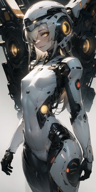 BEST QUALITY, HIGHRES, ABSURDRES, HIGH_RESOLUTION, MASTERPIECE, SUPER DETAIL, HYPER DETAIL, INTRICATE_DETAILS, PERFECTEYES, DARK EYELASHES, EYELINER, SOFT GLOWING EYES, 64K, SCORE_9,

yellow_background, solo, yellow_eyes, breasts, looking_at_viewer, white_hair, bodysuit, cyborg, simple_background, smile, yellow_theme, medium_breasts, long_hair, standing, cyberpunk, covered_navel, cowboy_shot, robot_joints, pale_skin, science_fiction, bangs, hair_over_one_eye, skin_tight, small_breasts, closed_mouth, lips, blush, blonde_hair, glowing, parted_lips,