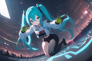 SCORE_9, SCORE_8_UP, SCORE_7_UP, SCORE_6_UP,

MASTERPIECE, BEST QUALITY, HIGH QUALITY, 
HIGHRES, ABSURDRES, PERFECT COMPOSITION,
INTRICATE DETAILS, ULTRA-DETAILED,
PERFECT FACE, PERFECT EYES,
NEWEST, 

Movie Poster page, (promotional poster), Hatsune Miku, 1female, solo, humanoid android, teal hair, teal eyes, white jacket, cropped jacket, long sleeves, two-tone gloves, black gloves, green gloves, black bodysuit, single thighhigh, single thigh boot, concert, Nippon Budokan, glowneon, glowing, sparks, lightning, shadow minimalism, (best quality), (masterpiece), detailed, beautiful detailed eyes, perfect anatomy, perfect body, perfect face, perfect hair, perfect legs, perfect hands, perfect arms, perfect fingers, detailed hair, detailed face, detailed eyes, detailed clothes, detailed skin, ultra-detailed, (full body), (upper body), (top quality), pop art, extremely detailed, extremely detailed CG, (high resolution), highly detailed, (high quality), (perfect quality), (glitchcore colors), racingmiku2022,