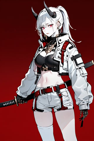 SCORE_9, SCORE_8_UP, SCORE_7_UP, SCORE_6_UP,

MASTERPIECE, BEST QUALITY, HIGH QUALITY, 
HIGHRES, ABSURDRES, PERFECT COMPOSITION,
INTRICATE DETAILS, ULTRA-DETAILED,
PERFECT FACE, PERFECT EYES,
NEWEST, 

full_body, red_background, sword, horns, weapon, 1girl, solo, sheath, ponytail, sheathed, red_eyes, katana, jewelry, earrings, white_hair, scabbard, holding_weapon, long_sleeves, simple_background, long_hair, holding_sword, standing, white_coat, ear_piercing, side_view, closed_mouth, holding, piercing, white_shorts, crop_jacket, pale_skin, belt, devil_horns, sleeves_past_wrists, mechanical_hand, large_boobs, armor, futuristic_armor, breast_plate, breast_armor, TechStreetwear, cyberpunk