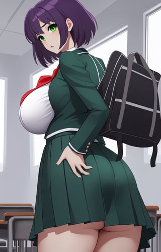 short-hair, purple_hair, green_eyes, uniform_green, long skirt, big_breast, school_uniforms, big_ass