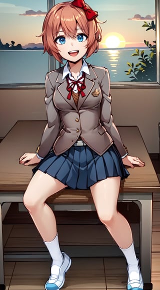 sayori, red bow, small breasts, pleated skirt, :d, grey jacket, in classroom, sunset, sitting on desk, full body, white socks, blue footwear