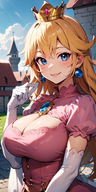 Peach_SMP,  masterpiece, best quality, highres, pch, pink dress, brooch, puffy sleeves, short sleeves, smile, elbow gloves, earrings, crown, outside of castle, large breasts, upper body, close-up, school_uniform