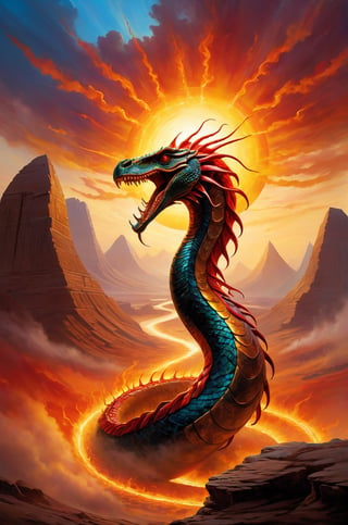 In the vast expanse of the Egyptian sky, the blazing orb of the sun casts its golden rays across the horizon, painting the clouds with hues of crimson and gold. But amidst this breathtaking spectacle, a sinister figure looms, a colossal serpent named Apep, its coiling form writhing with malevolent intent. With jaws agape and eyes ablaze with hatred, Apep relentlessly pursues the radiant sun, its obsidian scales shimmering with an otherworldly sheen in the fading light. Each sinuous movement sends shockwaves through the heavens, as if the very fabric of reality strains against the chaos unleashed by this ancient deity. As Apep closes in on its quarry, tendrils of darkness reach out, threatening to engulf the sun's brilliance and plunge the world into eternal night. Yet, amidst the tumultuous chase, the sun remains steadfast, a beacon of hope and resilience against the encroaching darkness.