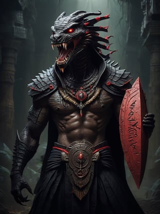 Apep, monstrous chaos snake demon at war with the Egyptian gods, coils upright on scaly serpentine body, enormous spiked spine fanning like cobra hood, rows of black fangs shine in open jaws hissing venom as multiple snake heads with glowing red eyes emerge from neck, holding wooden shield decorated with mad hieroglyphs and brandishing Kpinga blade dripping poison. Highly detailed digital painting of a sinister mythological scene.