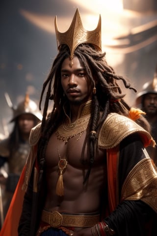 a 18 year old handsome dreadlocks Songhai prince dark skin African leads his army to war