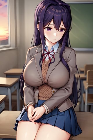yuri, large breasts, pleated skirt, shy, looking away, grey jacket, in classroom, sunset, big_boobs, ultra boobs, mega boobs, ultra boobs