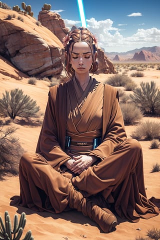 (Jedi meditation:1.3), serene photo,1girl, Jedi master in deep meditation,  in jedioutfit, sitting cross-legged,  (desert oasis:1.1), surrounded by blooming desert flowers, harmonizing with the Force, spiritual retreat, transcendent tranquility, desert enlightenment,  Absurdres, hdr, ultra detailed illustration, extremely detailed face, RAW photo, film grain, skin pores, trending on deviantart, jedioutfit