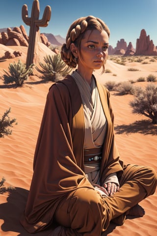 (Jedi meditation:1.3), serene photo,1girl, Jedi master in deep meditation,  in jedioutfit, sitting cross-legged,  (desert oasis:1.1), surrounded by blooming desert flowers, harmonizing with the Force, spiritual retreat, transcendent tranquility, desert enlightenment,  Absurdres, hdr, ultra detailed illustration, extremely detailed face, RAW photo, film grain, skin pores, trending on deviantart, jedioutfit