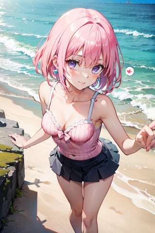 best quality, masterpiece, (realistic:1.2), (beach), (tank top, mini skirt, earrings, underwear), (from above:1.2), (focus cleavage:1.3), (seductive smile), (spoken heart), (upturned eyes), {{{{8k wallpaper}}}}, {{{{extremely detailed eyes}}}}, {{{{extremely detailed body}}}}, {{{{extremely detailed finger}}}},(((best quality))), ((official art)), (best anatomy), solo, 1girl, (kawaii), (five digits), (speculum), (4k), (high resolution), ((thin waist)),(nabel),(Beautiful breasts),(beautiful leg:1.3),(skinny leg),(beautiful hands:1.2),(teats),(very slim),(slender:1.2),(ribbed),(skinny limbs),(beautiful vagina:1.3),(beautidful eyes:1.1), (((Beautiful face:1.5))),(best quality:1.1), (masterpiece:1.4), (absurdres:1.0), portrait, close up,1girl, bob cut, medium hair ,pink hair, bob cut,purple eyes, ( pink under hair:1.3), ((((medium breasts:1.5)))), (blush:1.2), ((small hip)), medium hair, pink hair, disheveled hair,(20 years old)