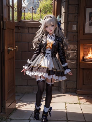 FIREFLYDEF, JACKET, DRESS, BOW, HAIRBAND, HAIR ORNAMENT, GREY HAIR
FIREFLYCUS, HAIRBAND, HAIR ORNAMENT, GREY HAIR, <YOUR CUSTOM OUTFIT TAGS> 
, blood, earth, good hands, perfect hands, pretty face, perfect face, childish face, full body, pretty stockings, walk, night, dungeon, fangs
