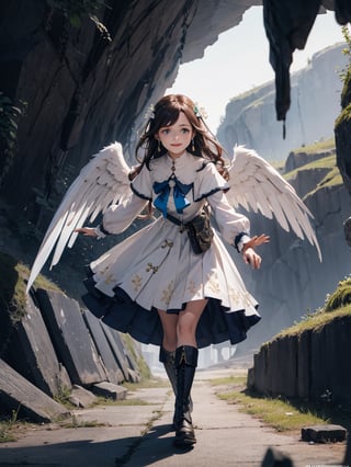 1 GIRL, ALONE, LONG HAIR, BLUE EYES, SMILE, ARMS BEHIND, TAILS, LOOKING AT THE SPECTATOR,r, NUNS CAPELET WHITE DRESS, LONG SLEEVE LONG SKIRT WHITE SKIRT NECKLACE EARRINGS BLUE BOW TIE, KNEE BOOTS WHITE SHOES.  ANGEL WINGS, WHITE DRESS, BLUE BOW
ood hands, perfect hands, pretty face, perfect face, childish face , full body, perfect body, pretty stockings, walk, night, dungeon, dark dungeon, muddy dungeon, perfect dungeon, nice dress, perfect dress, cave, dark cave, crying, darkness, crying, wall, stone wall, cave, hell, hell, hell, monster, perfect monster, monster, storm, 