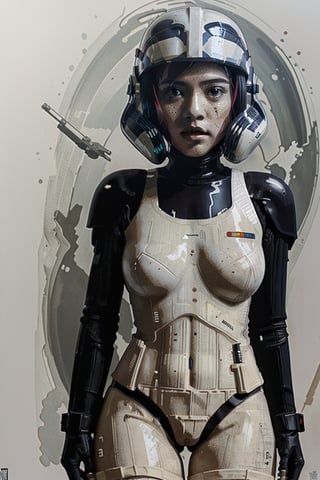 sexy female Star wars storm trooper. big breasts. holding helmet, tight outfit, In background a scifi alley. Well draw face. Detailed.,aw0k euphoric style,photo r3al,1 girl,yuzu,shodanSS_soul3142,potcoll