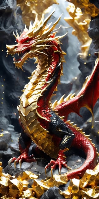 Red and black dragon, standing on a pile of gold in a cave, Dragon,Dragon