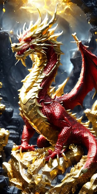 Red and black dragon, standing on a pile of gold treasure in a cave, Dragon,
