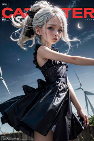 (masterpiece, best quality:1.2), 
1girl, 
(Dynamic pose:1.2), 
(solo:1.5), 
(cowboy shot:1.2), 
(from side way:0.5),
(thigh:0.2), 
standing,





((white hair)),
((long hair)),
((child)),
((black dress)),
night,stars,moon, nature,
red ribbon,
((sad)),





(wind:1.5), 
(magazine cover title:1.3),