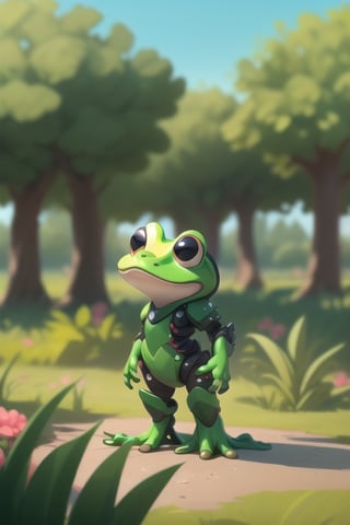 An adorable frog wearing advanced high-tech mechanized battle armor.