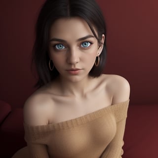 (full body), ((1 girl)), black hair, (red eyes:1.5), earrings, (gold hair band), (hair band), long hair, side locks,/, bare shoulders, clavicle, dress, long sleeves, off-shoulder, off-shoulder dress, off-shoulder sweater, pantyhose, fishnet sweater, sweater, sweater dress, thigh-high stockings, BREAK interior neckline, lying sofa, view from above BREAK looking at the spectator, BREAK (Masterpiece:1.2), Best Quality, High Resolution, 8k Unity wallpaper, (artwork 0.8), (minimalist red background:1.5) (beautiful detailed eyes:1.6), extremely detailed face, lighting perfect, extremely detailed CG (perfect hands, perfect anatomy),CamiCamTA