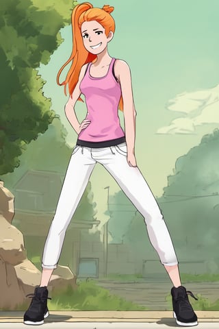 ,  looking at viewer,hand on own hip, outdoors,black footwear,summer.smith, orange hair, 1girl, ponytail, solo, pink tank top, white pants, smile, hand on hip,, score_9, score_8_up, score_7_up, score_6_up