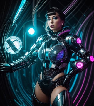 WOMAN, strange fashion, fashion photography, neon lights, retro future, android minstrel, reality bug, chaotic, dimensional rift, nanotechnology wonder, cyborg symbiosis, (fighting female androids), sgcv110V1,CinthiaStar