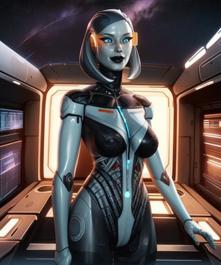 Edi,blue eyes,tinted visor,android, black lips, upper body,smile,standing,space cabin,science fiction,(insanely detailed, best quality)  solo,,EDI