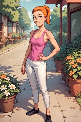 ,  looking at viewer,hand on own hip, outdoors,black footwear,summer.smith, orange hair, 1girl, ponytail, solo, pink tank top, white pants, smile, hand on hip,, score_9, score_8_up, score_7_up, score_6_up