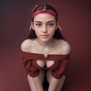 (full body), ((1 woman)), black hair, (detailed eyes), (red hairband), (hairband:1.7), long hair, side locks, bare shoulders, collarbone, dress, long sleeves, bare shoulders, off-the-shoulder dress, off-the-shoulder dress, pantyhose, dress, thigh-high stockings, BREAK interior cleavage, lying on the floor, view from above BREAK looking at viewer, BREAK (Masterpiece:1.2), best quality, high resolution, 8k Unity wallpaper, (artwork:0.8), (minimalist red background:1.5) (beautiful detailed eyes), extremely detailed face, perfect lighting, extremely detailed CG (perfect hands, perfect anatomy) , MagicPerez