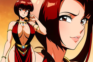  tendounabiki, huge_breasts, standing, solo, Red_Sleeveless_dress_Plunging_neckline_Pelvic_curtain_Backless_outfit_Gold_belt_Gold_necklace, masterpiece, best quality, detailed face, detailed eyes, highres,
