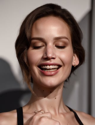 1girl, solo, open mouth, brown hair, closed eyes, teeth, lips, realistic, sks woman, Jennifer Lawrence