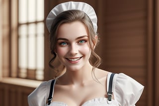 create a stunning 18 years old women; ultra realistic image; highly detailed; in a maid outfit; portrait image; smiling face; full body image
