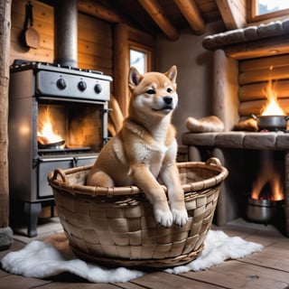 a cut shiba inu puppy is sitting in an basket in an mountain hut near the warm stove, high quality photography, 3 point lighting, flash with softbox, 4k, Canon EOS R3, hdr, smooth, sharp focus, high resolution, award winning photo, 80mm, f2.8, bokeh
