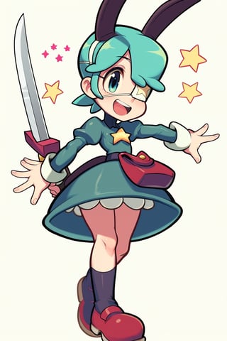 score_9, score_8_up, score_6_up, 1girl, loli, a green shirt, a star (symbol), horse tail, annieskg, annie_(skullgirls), happy, big skirt, sword, open eyes, stars, 12 year old girl, a patch of a star