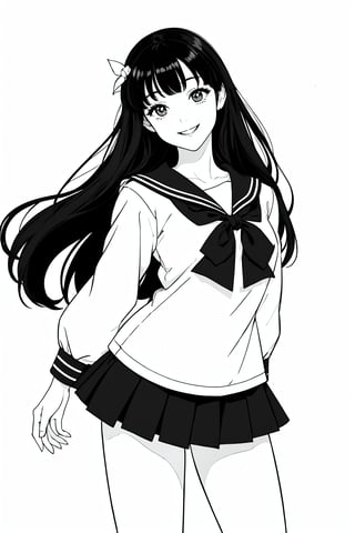 masterpiece,top quality, (simple white background), woman
High school girl, sailor suit, smile
 line drawing,(no color:1.5),,white background,Black distinct lines、line anime,black hair,